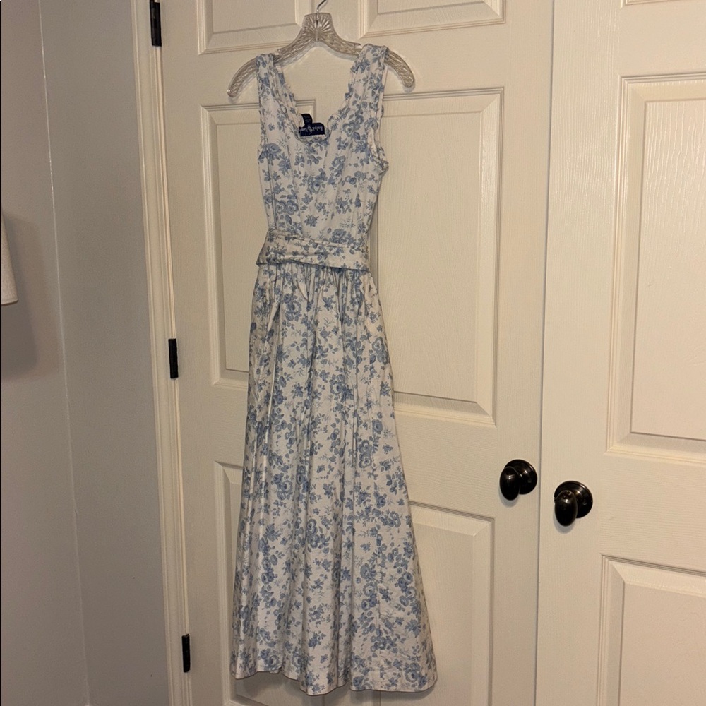 vintage RALPH LAUREN cotton blue white floral long sleeveless summer dress - Picture 2 of 6